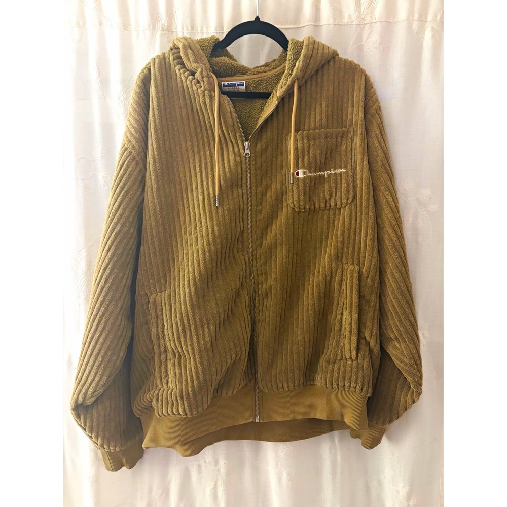 Champion XL Beige Full Zip Hooded Fleece Cordoroy Hoodie Jacket w/ Pockets